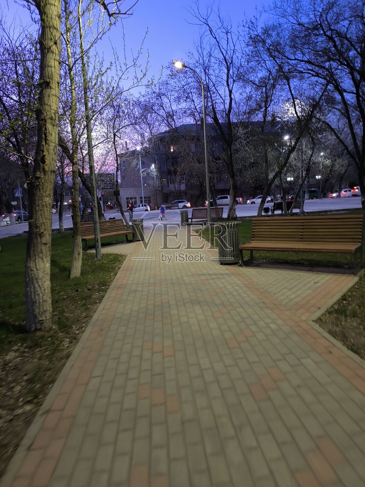 黄昏散步，宁静的城市公园小径，长椅和街灯在暮光中。宁静的氛围。照片摄影图片