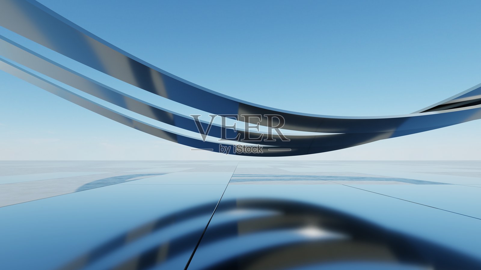 抽象波浪形建筑背景的3D插图，极简曲线几何建筑设计，汽车展示背景与空旷的混凝土地面，流动的几何金属建筑设计照片摄影图片