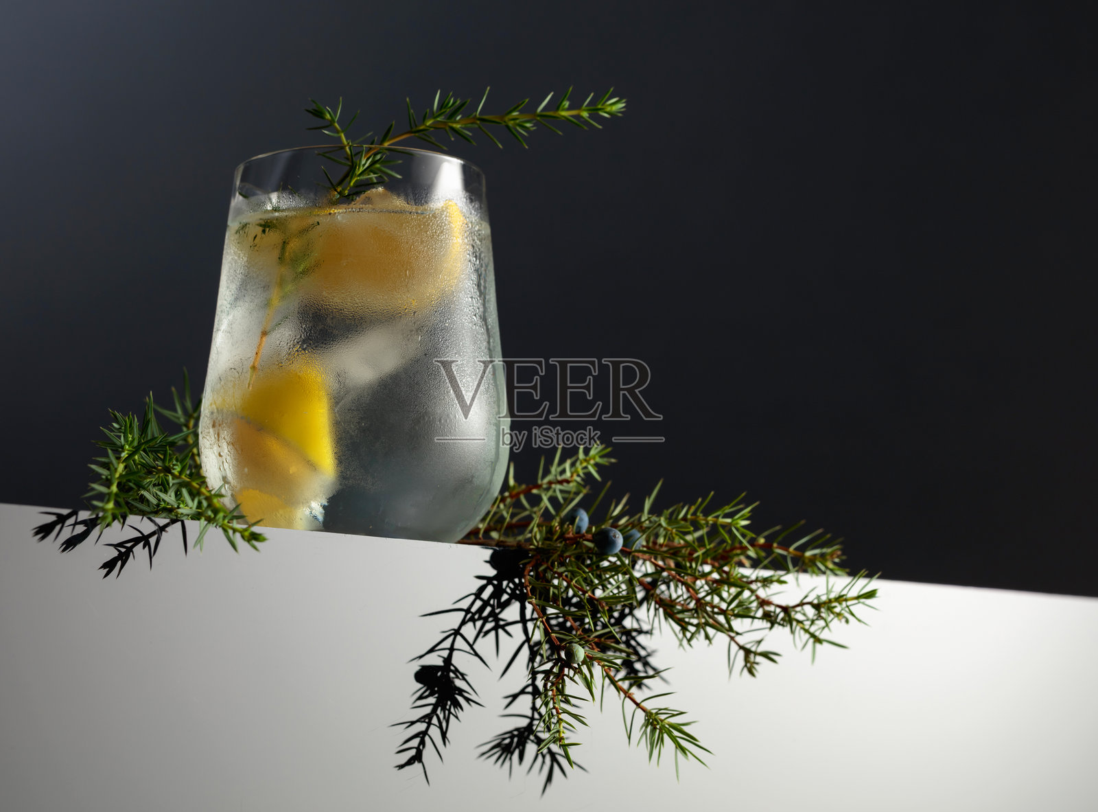 带有柠檬、杜松枝和冰块的酒精饮料（琴汤尼鸡尾酒），背景为深色反光表面。照片摄影图片