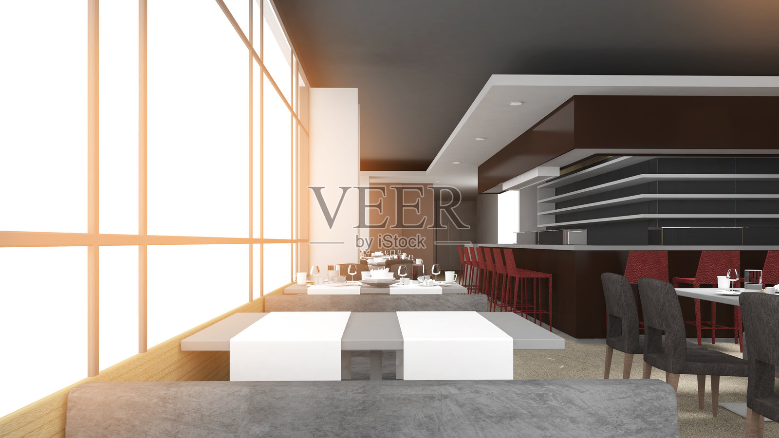 餐厅，食品订购柜台和座位，色彩与外部照明的结合，3D渲染。照片摄影图片