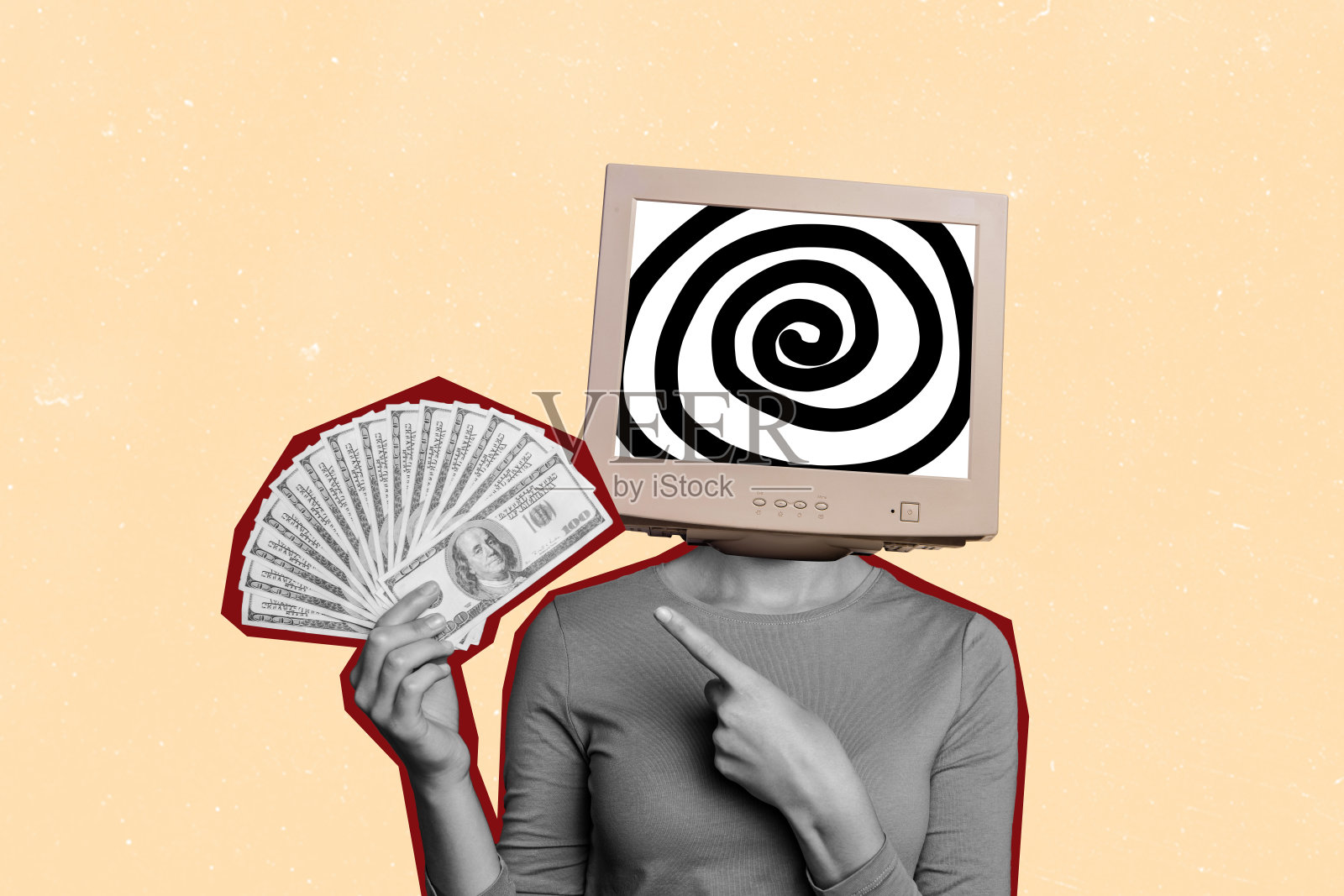 人头部被电脑显示器替代的复合照片拼贴，展示现金收入、美元货币和收益，背景为涂鸦风格。照片摄影图片