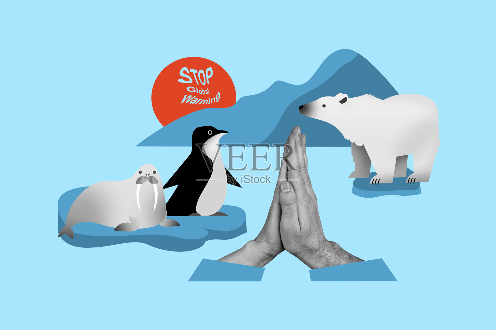 合成拼贴图像，展示双手恳求祈祷停止全球变暖，动物在冰上孤立，背景创意十足。照片摄影图片