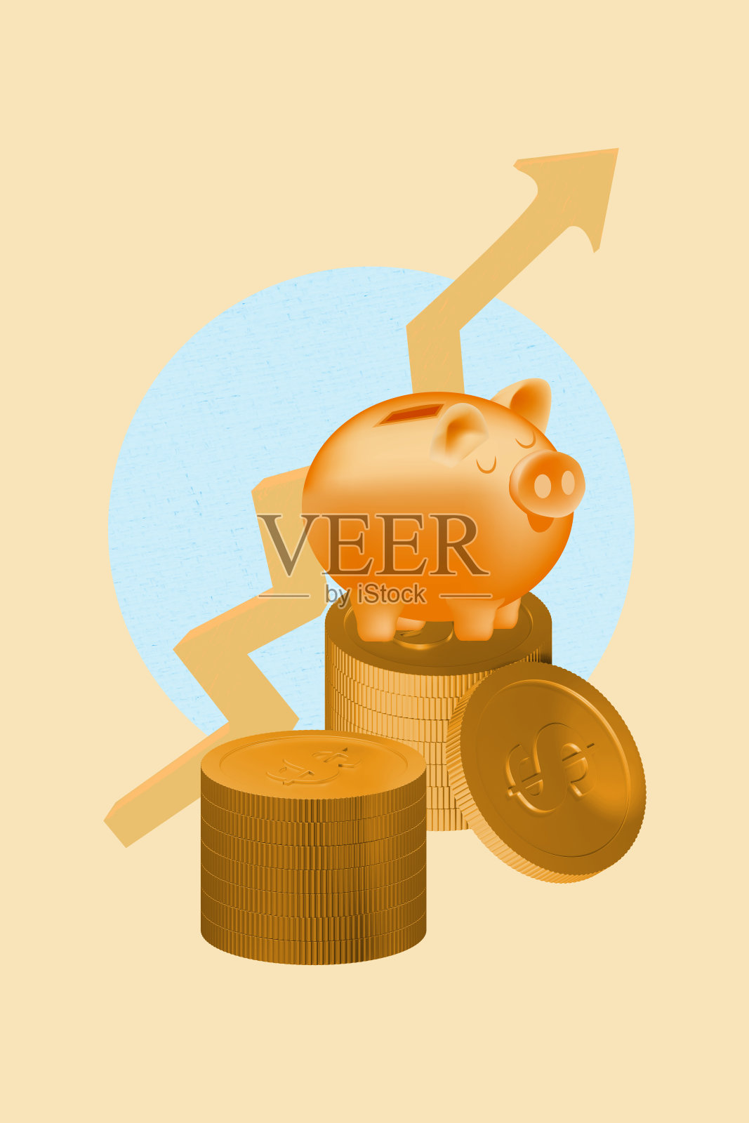 垂直拼贴海报，金色硬币，储蓄罐，存款收集，储蓄基金，图表增长，改善，提升，百万富翁，财富。照片摄影图片