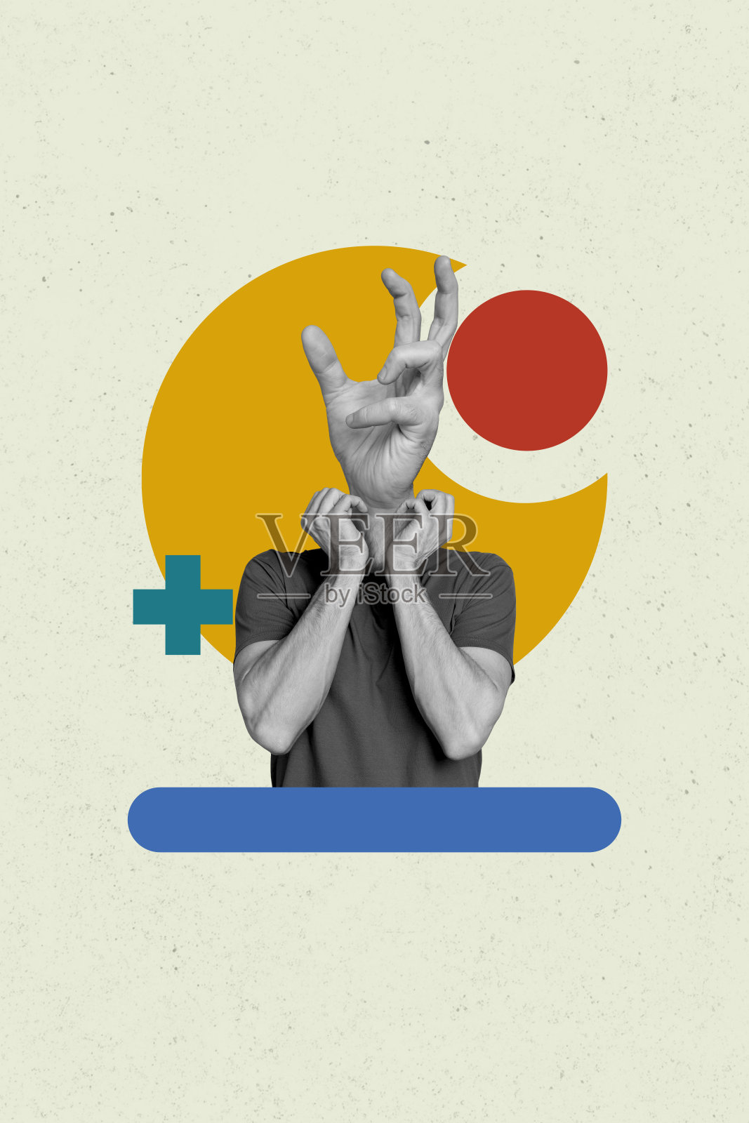 年轻男子的垂直照片拼贴，表现出激烈的手势，反映出双相情感障碍的心理状态，背景为涂鸦风格。照片摄影图片