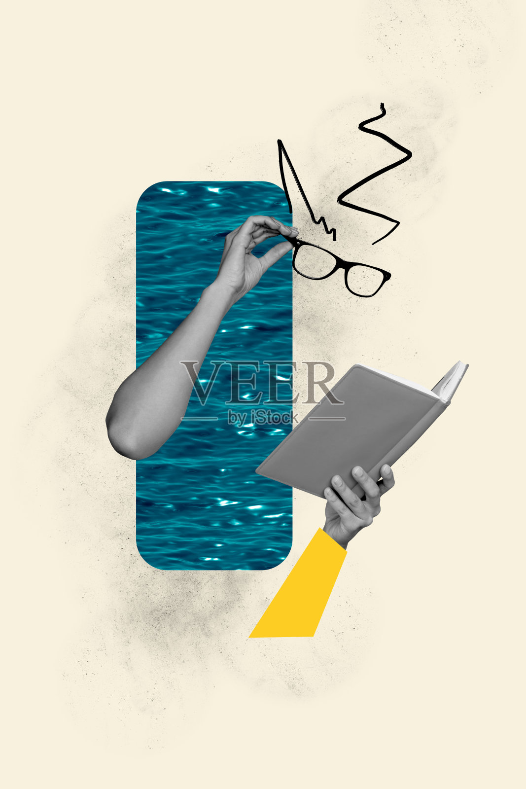 无脸无身的隐形人学者在涂鸦背景下手持眼镜和书籍的竖版照片拼贴，体现了教育和书虫的主题。照片摄影图片