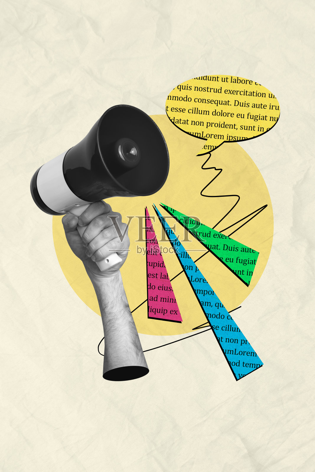 单色皮肤手悬浮着巨大扬声器，宣扬宣传演讲对话云的综合趋势艺术草图拼贴画照片摄影图片