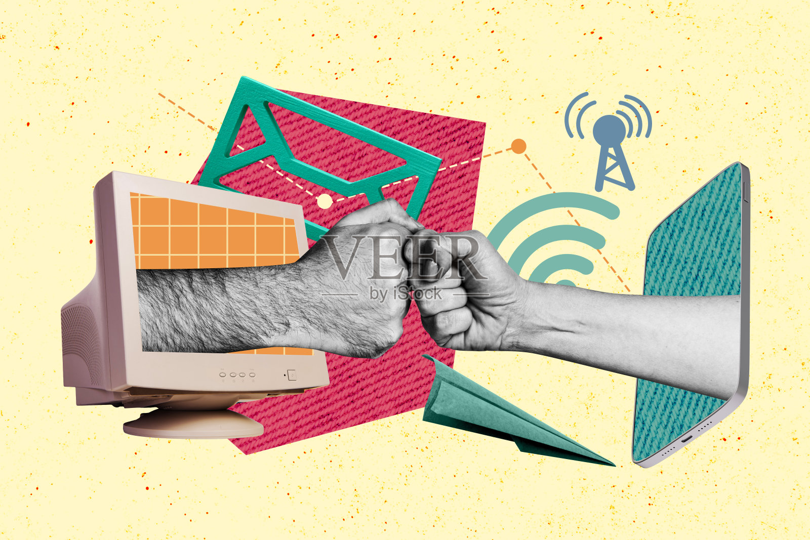 创意抽象模板拼贴，拳头与显示器、电脑、WiFi字母、互联网连接、奇特幻想广告牌漫画相互问候照片摄影图片