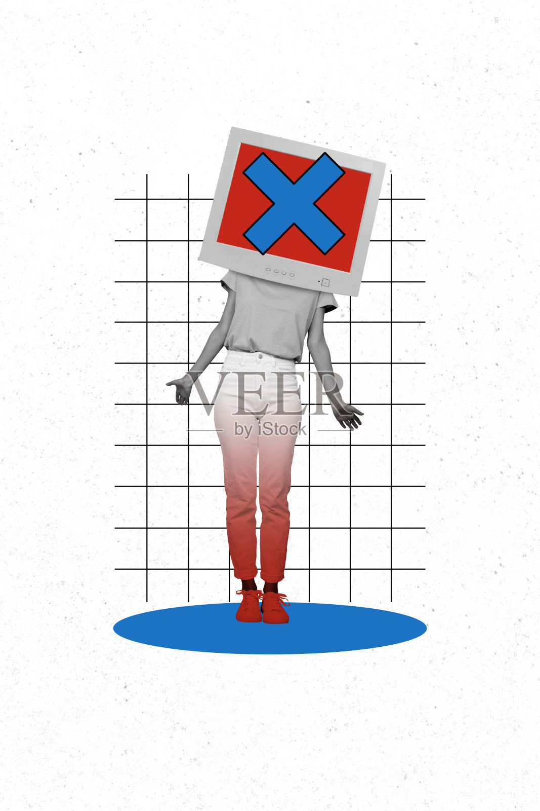 垂直照片拼贴，匿名女孩的头部被电脑显示器屏幕覆盖，显示错误，设备损坏，背景为涂鸦风格。照片摄影图片