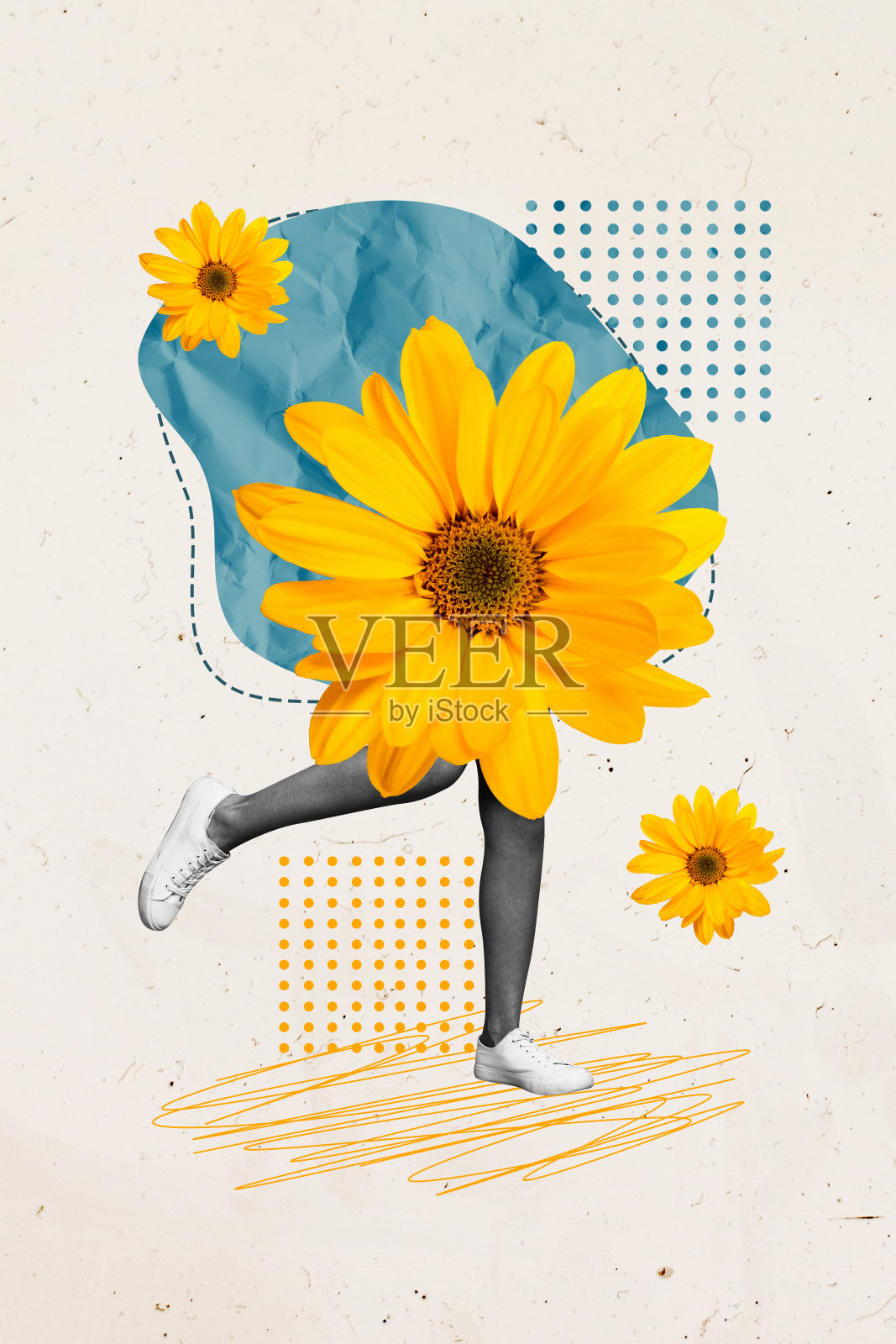 垂直照片拼贴，光滑的女性腿部穿着运动鞋，春季菊花激光治疗沙龙，背景为涂鸦风格。照片摄影图片