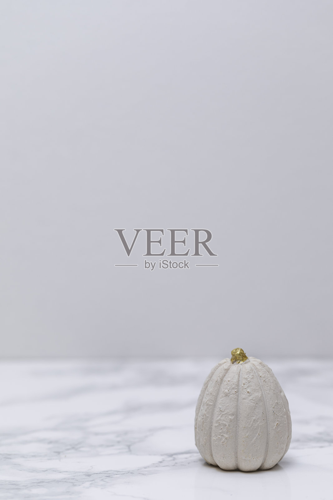 时尚的白色秋季南瓜，带有金色装饰，置于白色大理石背景上，非常适合优雅的季节性家居风格、感恩节桌面装饰和极简主义假日摄影主题。照片摄影图片