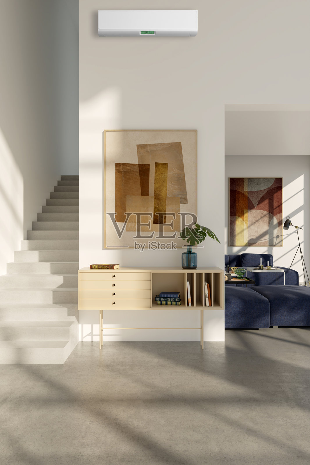 现代明亮的室内房间，配有空调和遥控器插图 3D 渲染照片摄影图片