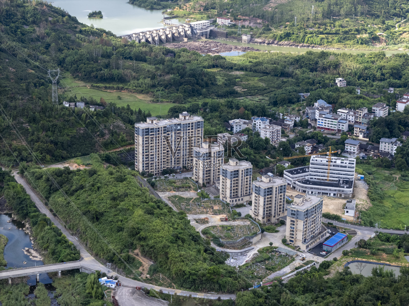 郊区村庄的鸟瞰图，四周环绕着郁郁葱葱的绿树照片摄影图片