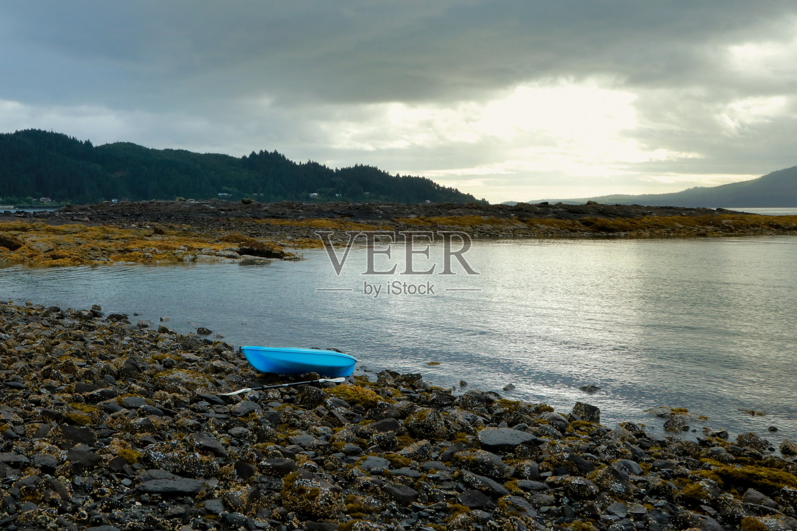 蓝色皮划艇静静地停靠在低潮时覆盖着海藻的岩石海岸上照片摄影图片