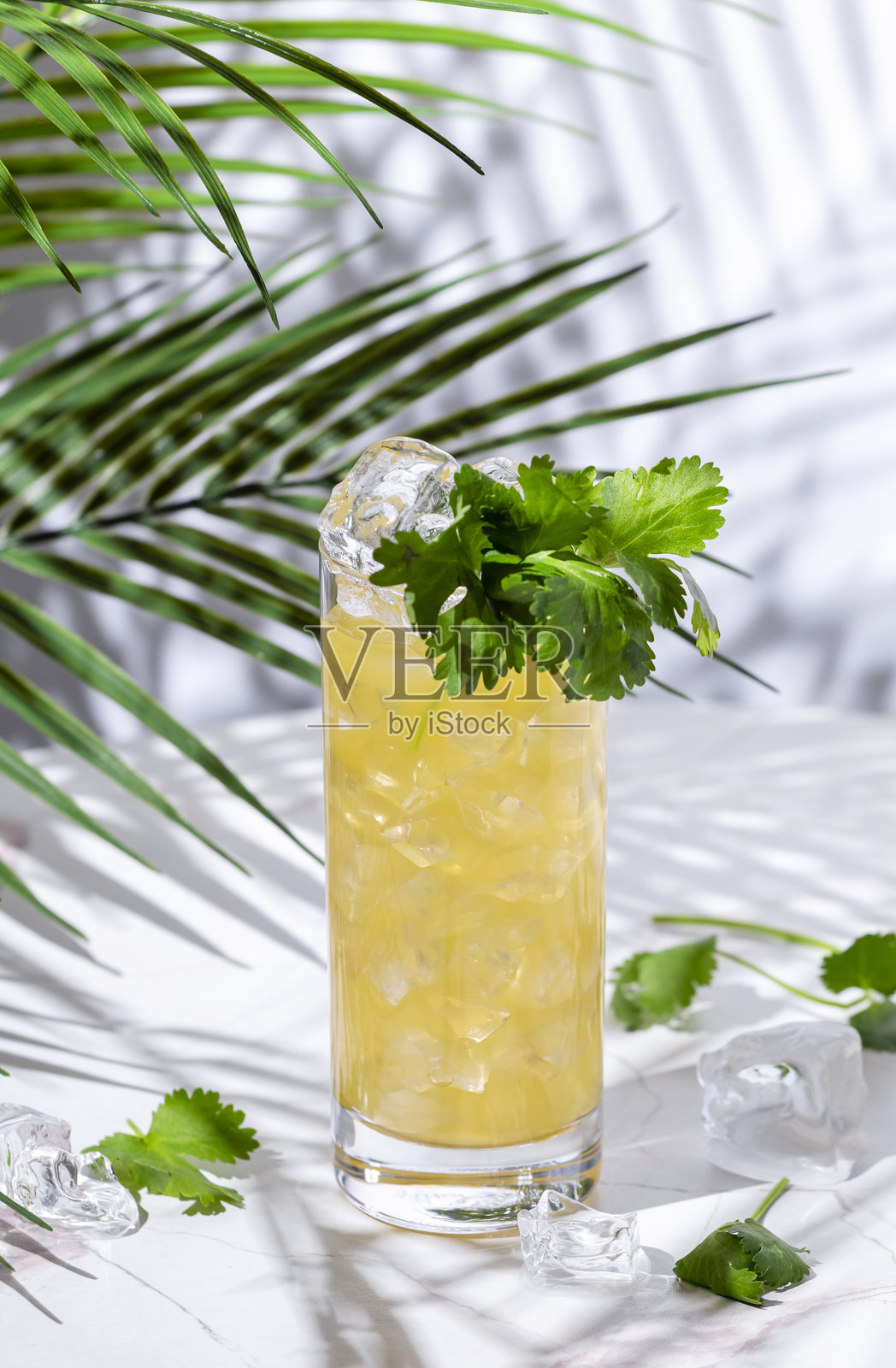 龙舌兰青柠酒鸡尾酒，配料有龙舌兰、龙舌兰糖浆、香菜、墨西哥胡椒、青柠汁和苏打水。照片摄影图片