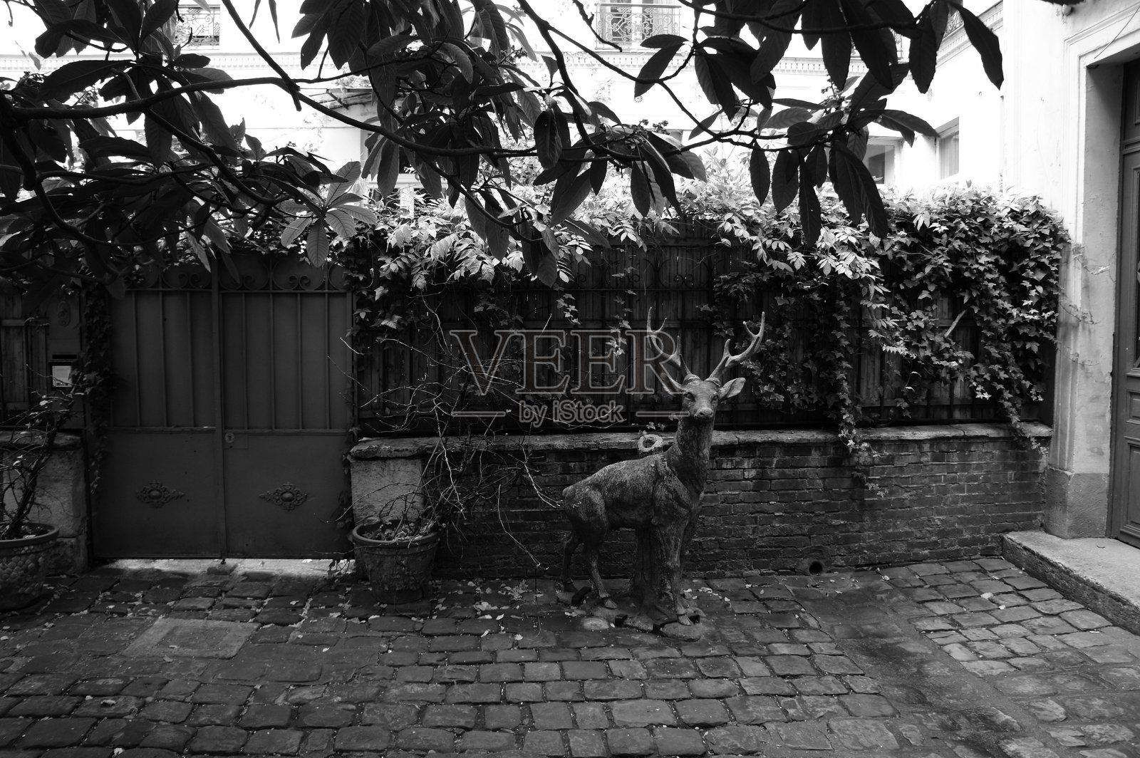 巴黎的隐秘庭院——秘密通道与鹿雕塑，法国照片摄影图片