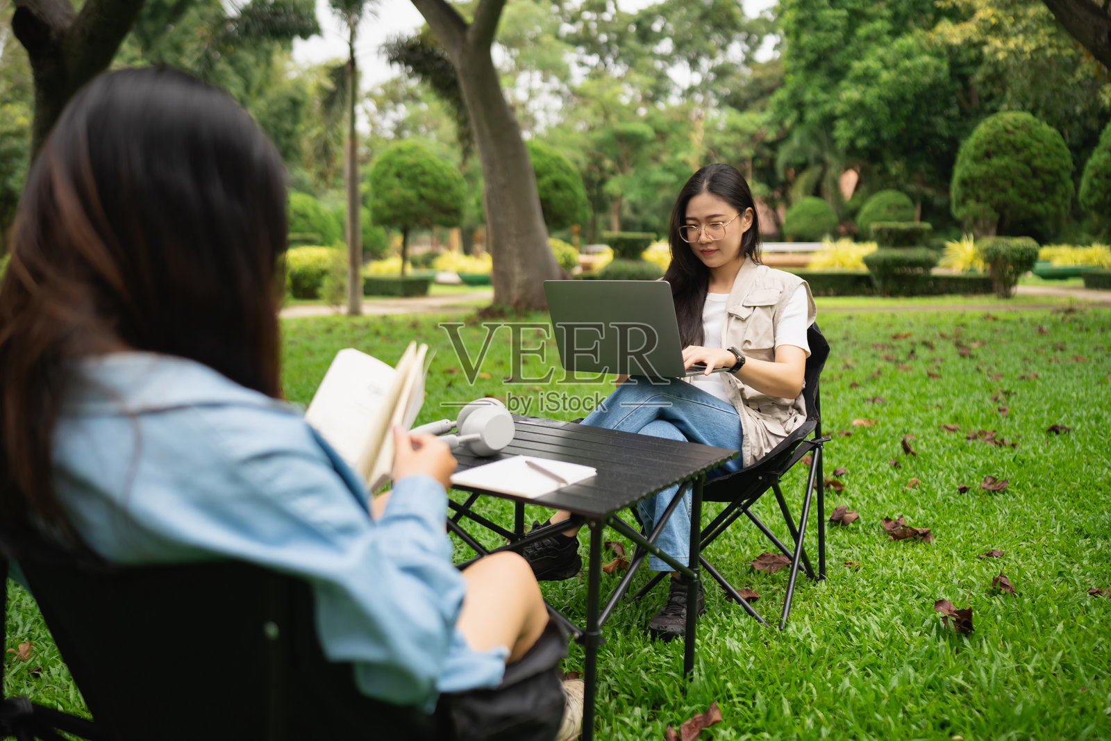 两位女性在阳光明媚的公园里工作和阅读，享受着郁郁葱葱的绿草和美丽的树木，感受轻松的户外环境。照片摄影图片