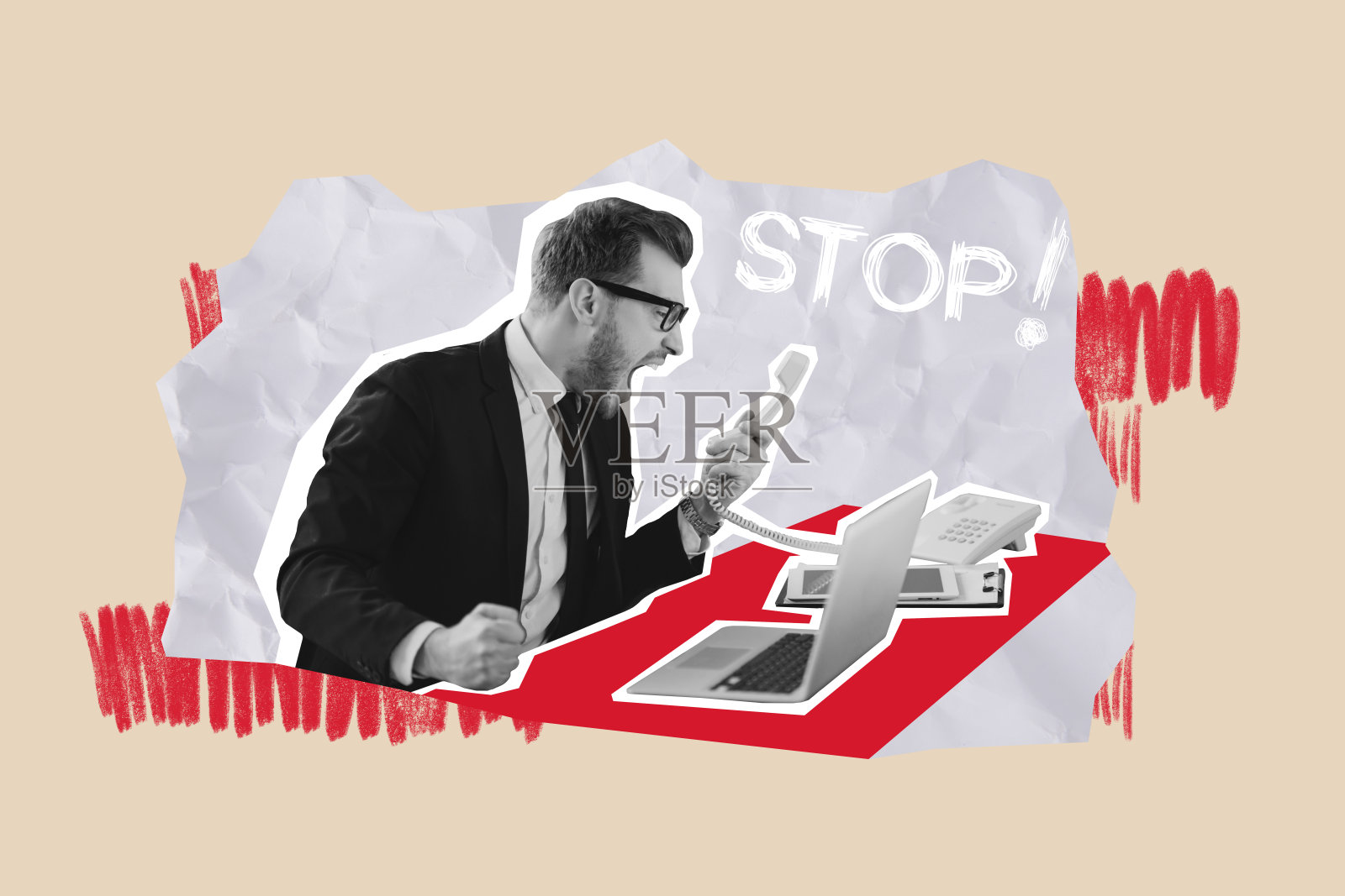 愤怒的男性调度员在工作场所大喊电话听筒，笔记本电脑和截止日期的创意艺术拼贴，背景为涂鸦风格。照片摄影图片