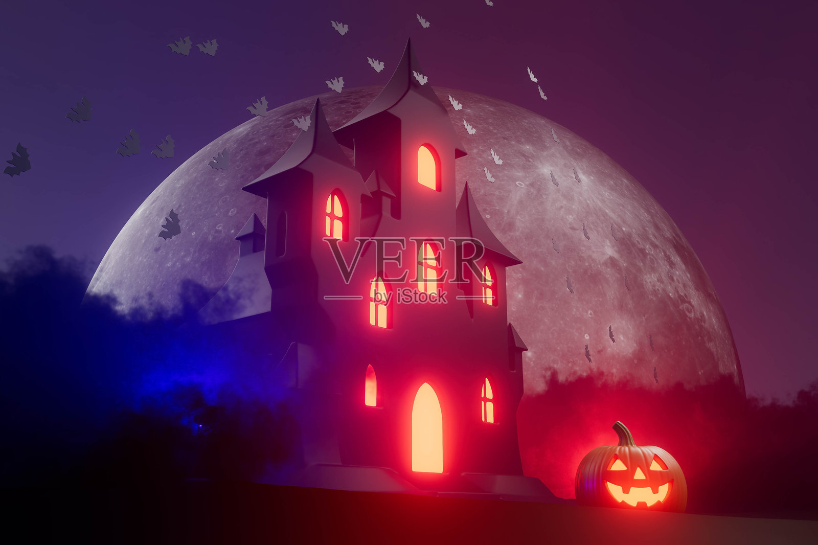 一座红色屋顶的城堡和地上的南瓜，万圣节概念照片摄影图片