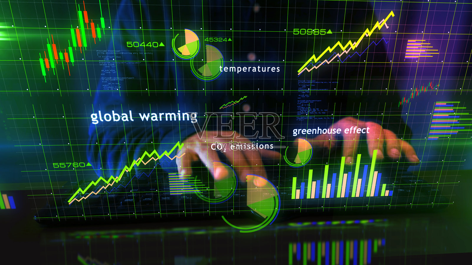 全球变暖图表与正在打字的男子照片摄影图片