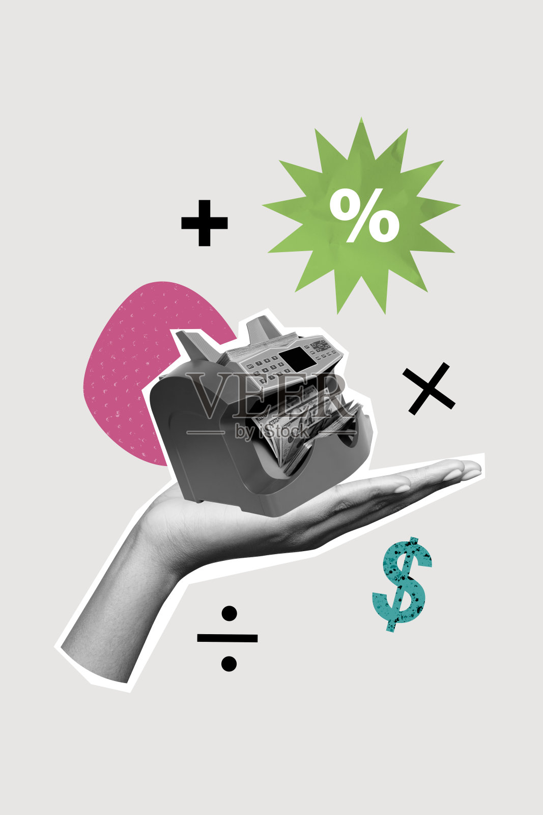 创意设计复合趋势艺术拼贴，手握现金机器，银行，百分比，收入，收益，预算，现金，美元，经济照片摄影图片