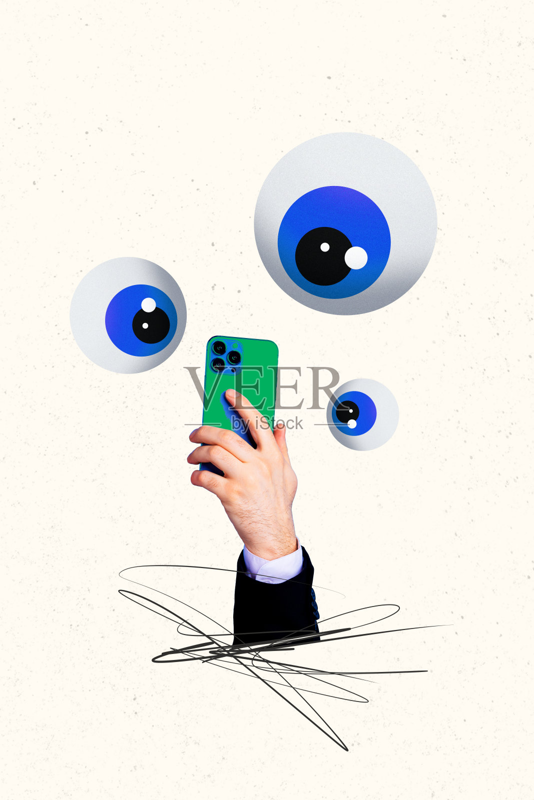 人手持手机的综合杂志流行趋势拼贴，包含眼球、共济会、杀毒应用程序、控制软件、搜索和监督。照片摄影图片