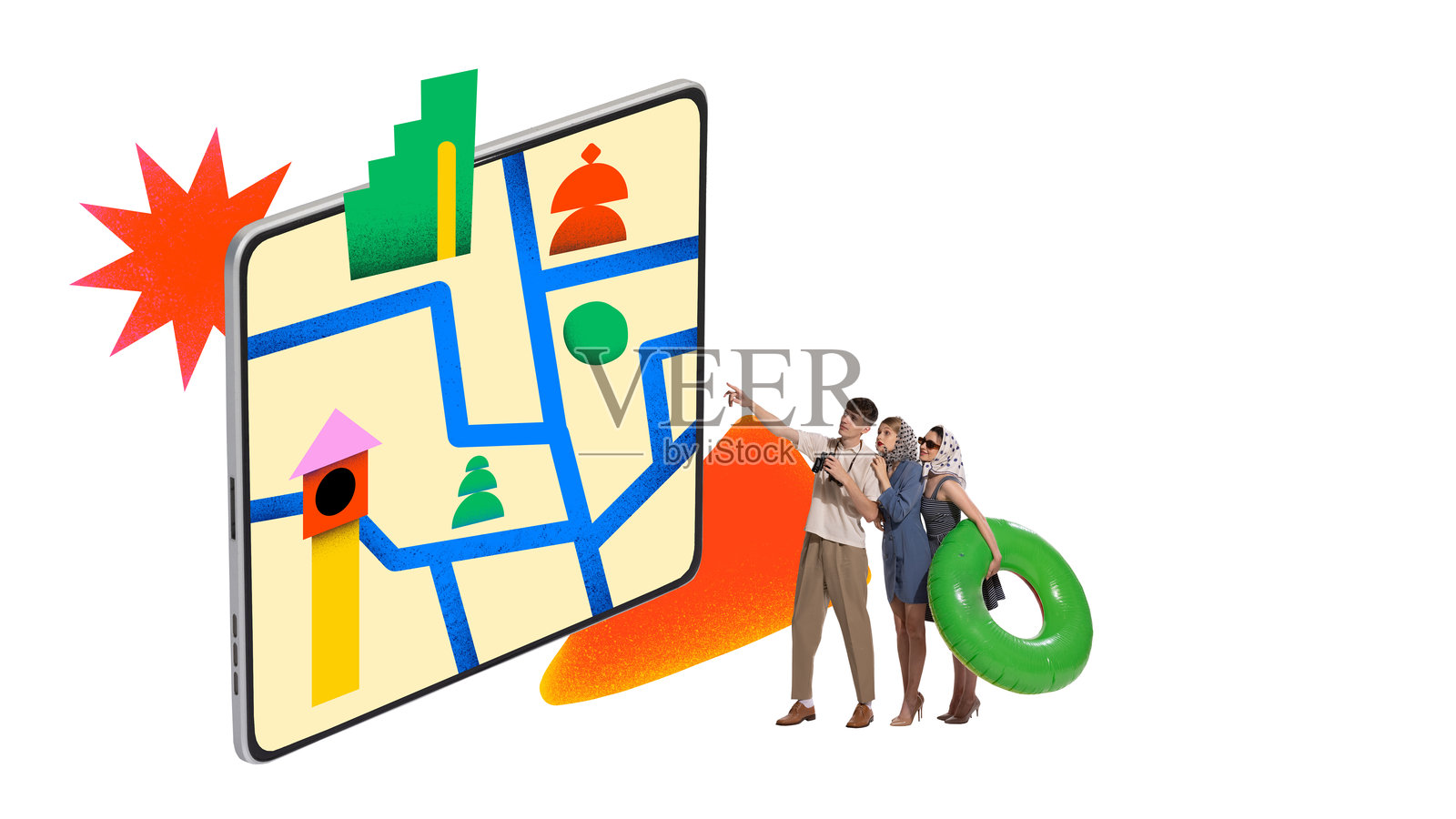 三名游客指着带有风格化建筑和抽象形状的大型数字地图的拼贴画照片摄影图片