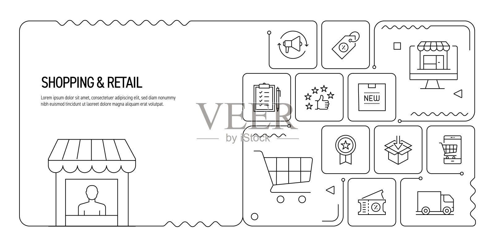 购物和零售相关的矢量插图。商店、店铺、促销、折扣、支付。插画图片素材
