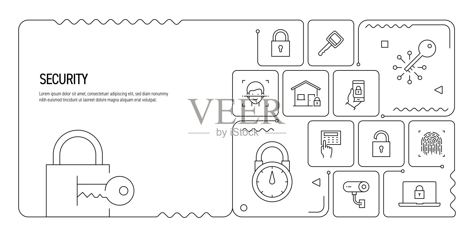 安全相关的矢量插图。挂锁、保护、安全、密码、锁、面部识别、指纹。插画图片素材