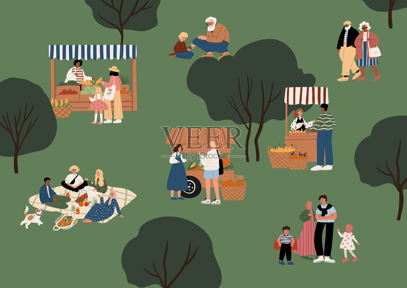 公园里的夏季农贸市场，聚集了多元文化的人们。家庭、老年人、情侣和不同民族的孩子们在户外购物、野餐和放松。扁平化矢量插图。插画图片素材