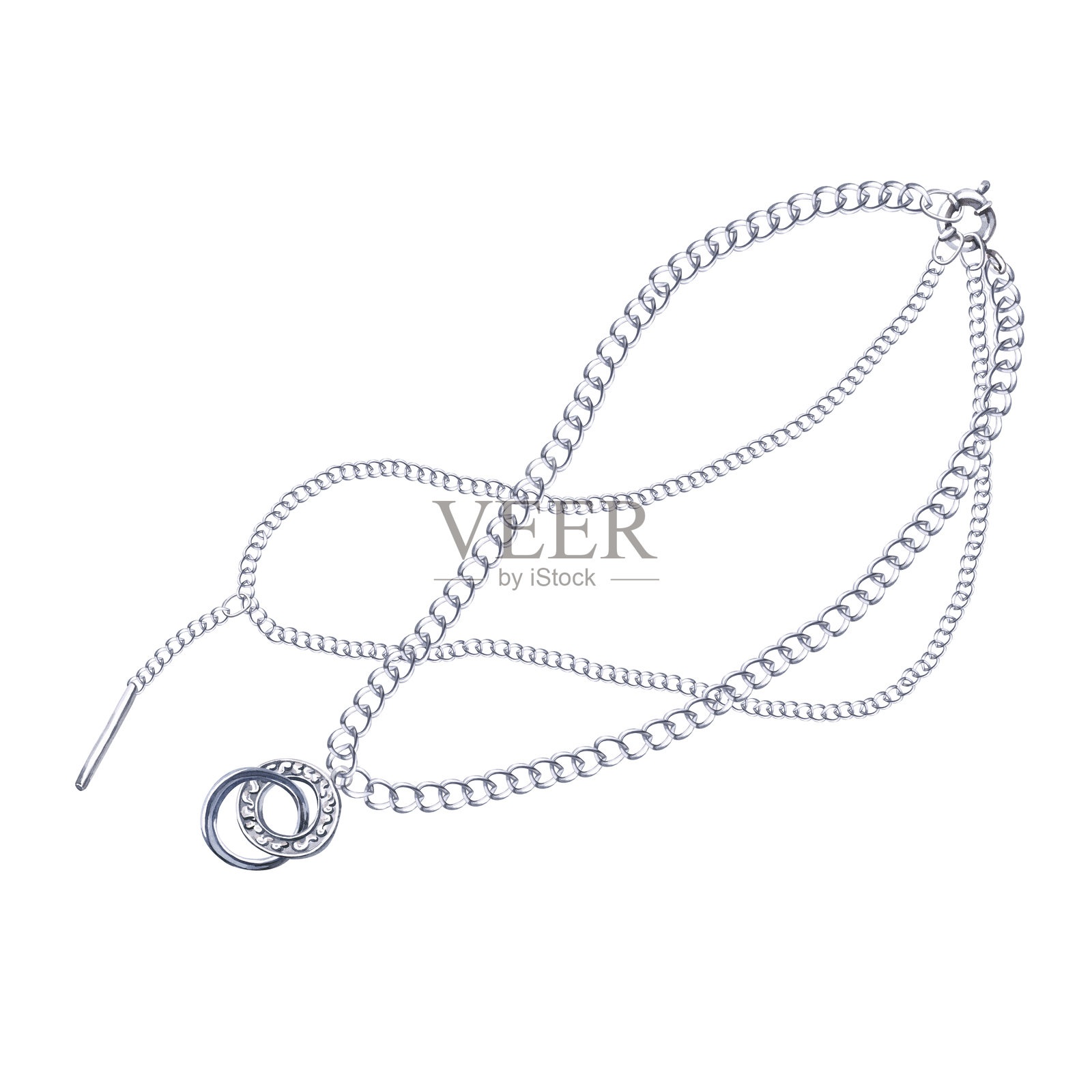 两条不同编织方式的银链，配有圆形吊坠。用于目录设计、商店橱窗、企业包装、室内设计和婚礼活动的独立水彩插图。插画图片素材