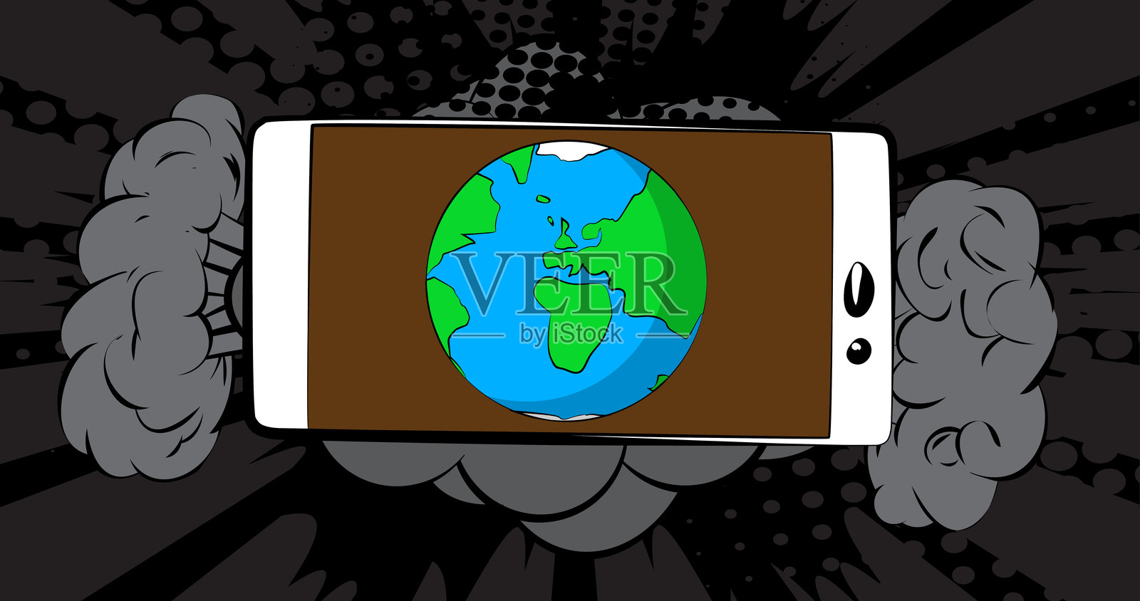 卡通智能手机，漫画书电话与地球。复古矢量漫画流行艺术设计。插画图片素材