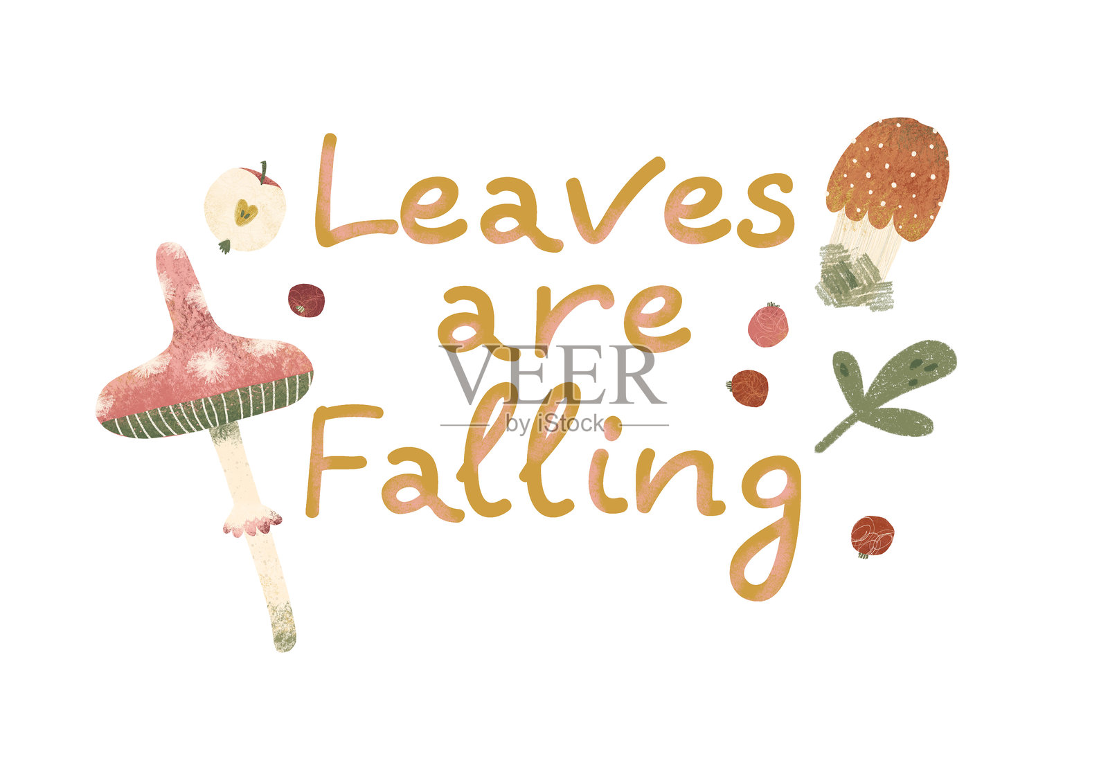 温暖的秋季插图，手绘蘑菇、苹果片、浆果和围绕“树叶在飘落”的短语的叶子。插画图片素材