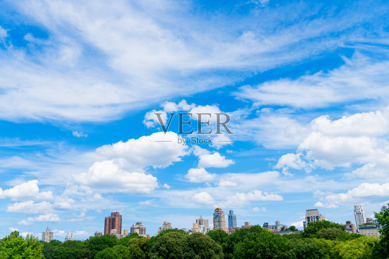 中央公园和纽约市上东区的曼哈顿建筑景观，周围被摩天大楼环绕。照片摄影图片