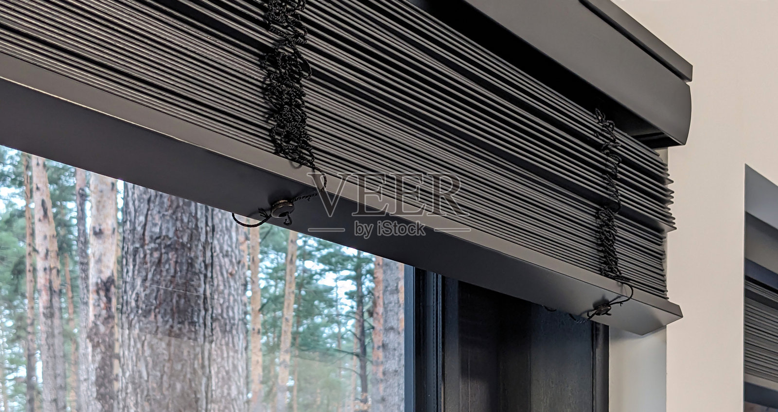 松林住宅的大窗户上装有电动木百叶窗照片摄影图片