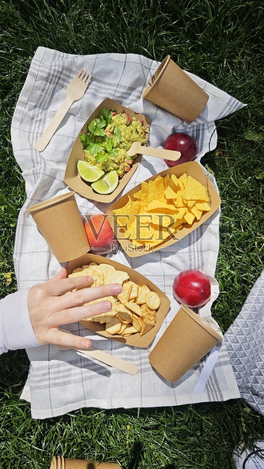 美味的小吃和新鲜的水果摆放在绿色草地上的野餐毯上照片摄影图片