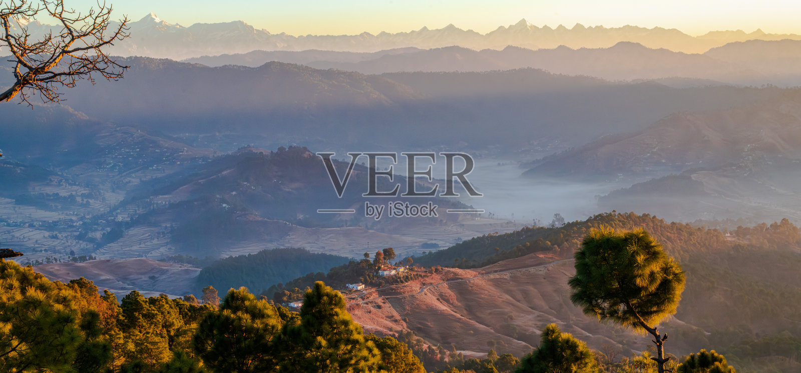 喜马拉雅山谷中的雾霭清晨照片摄影图片