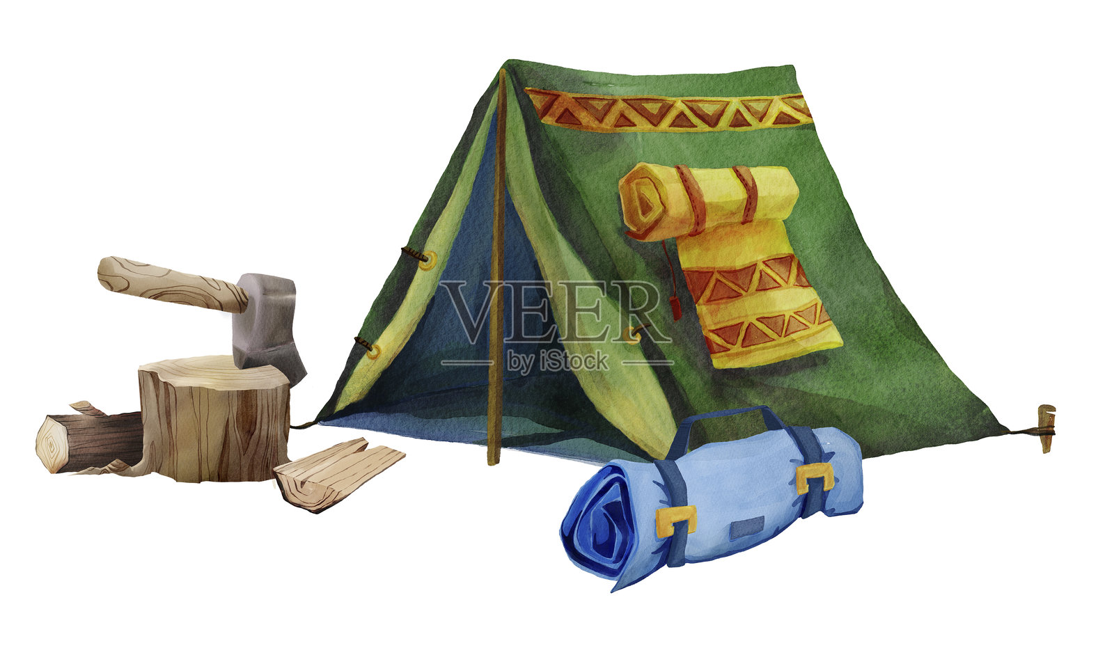 露营帐篷、斧头、木柴和睡袋的水彩插图插画图片素材