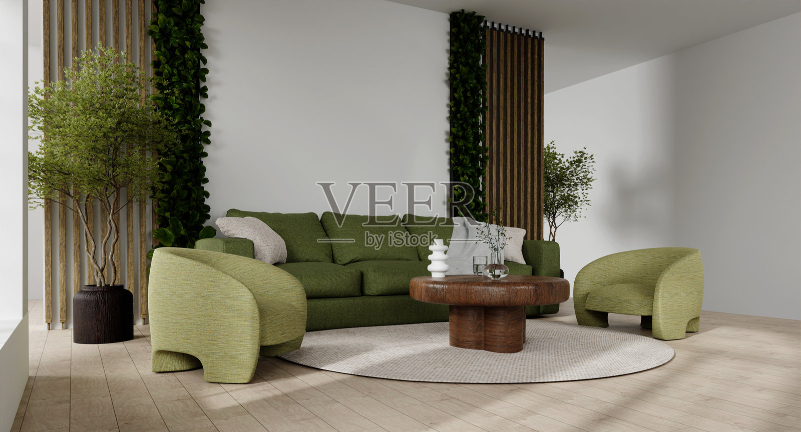 室内设计健康展示一个带有绿色点缀的舒适客厅。3D渲染插图照片摄影图片
