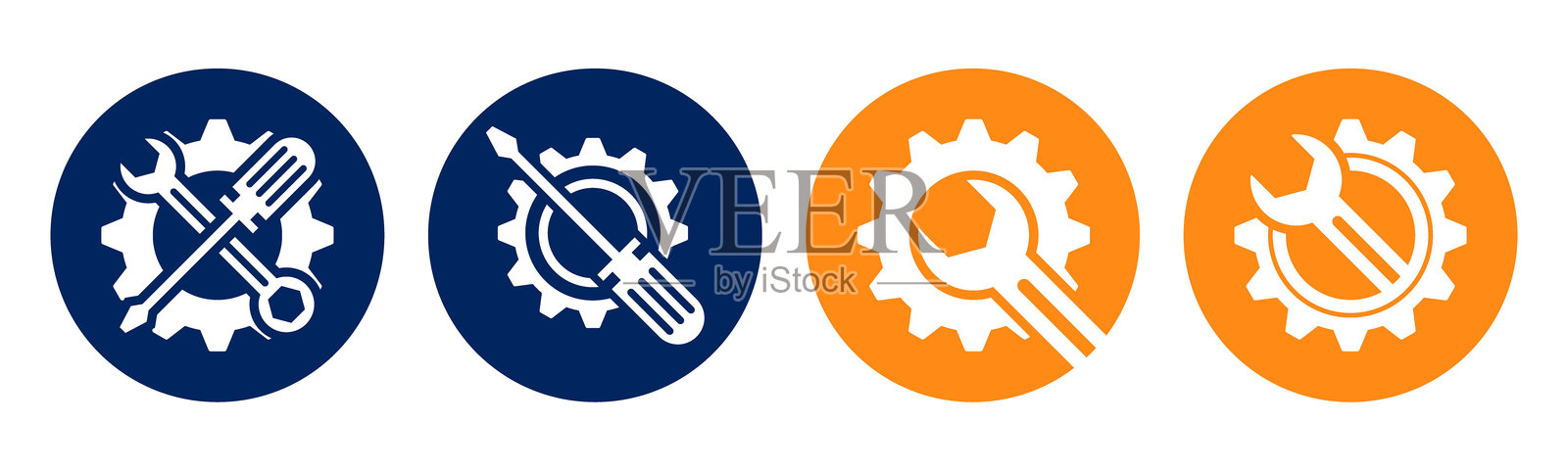 一套维修服务工具，包括齿轮、扳手和螺丝刀的图标矢量插图，背景为白色。适用于机械和维修。插画图片素材