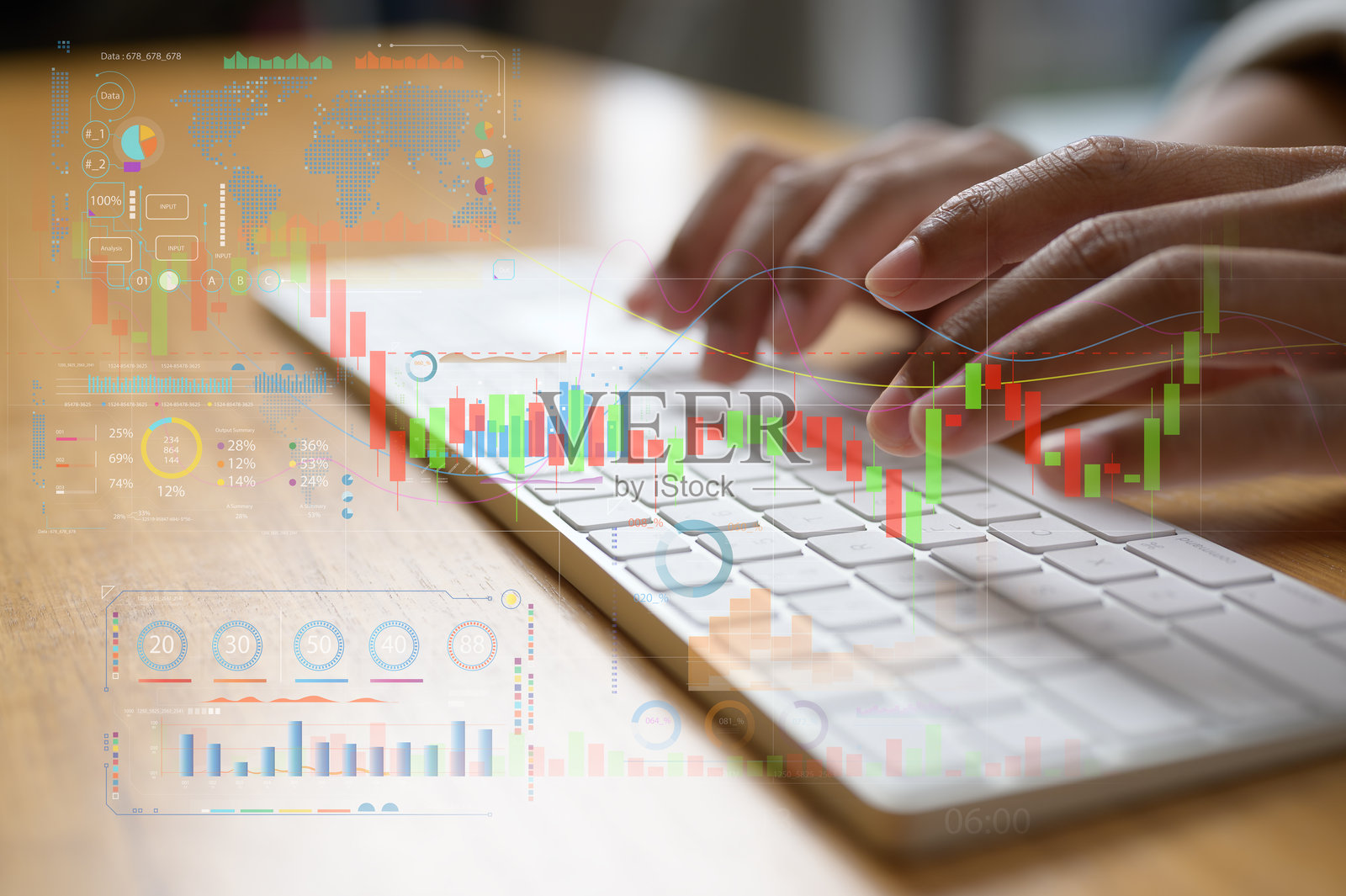 手在键盘上打字，配合交易图表进行市场分析的金融和投资概念照片摄影图片