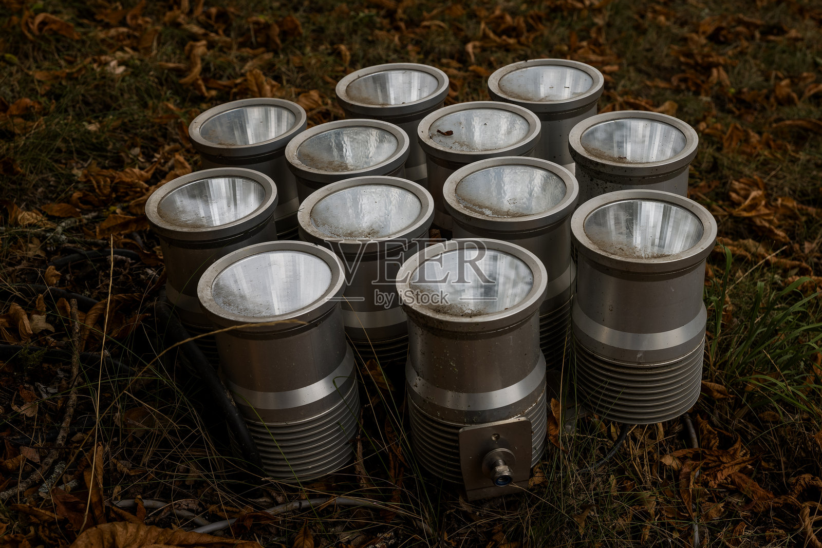 十个金属泛光灯静静地放在草地上，周围是干枯的树叶，营造出宁静的秋季公园黄昏景象。照片摄影图片