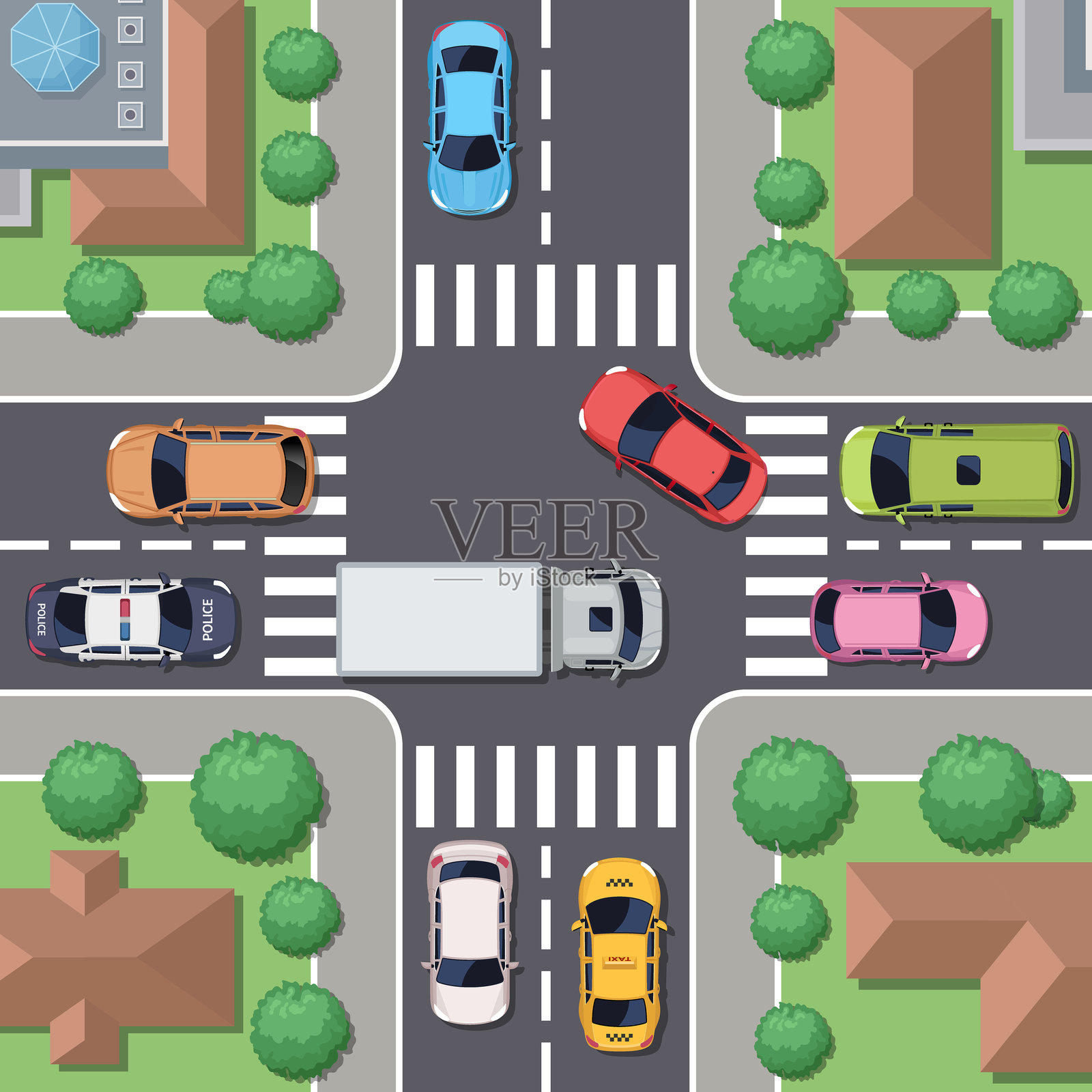 交通交叉口，俯视图中有汽车、卡车、出租车和警车。十字路口配有人行道和斑马线的矢量插图。插画图片素材