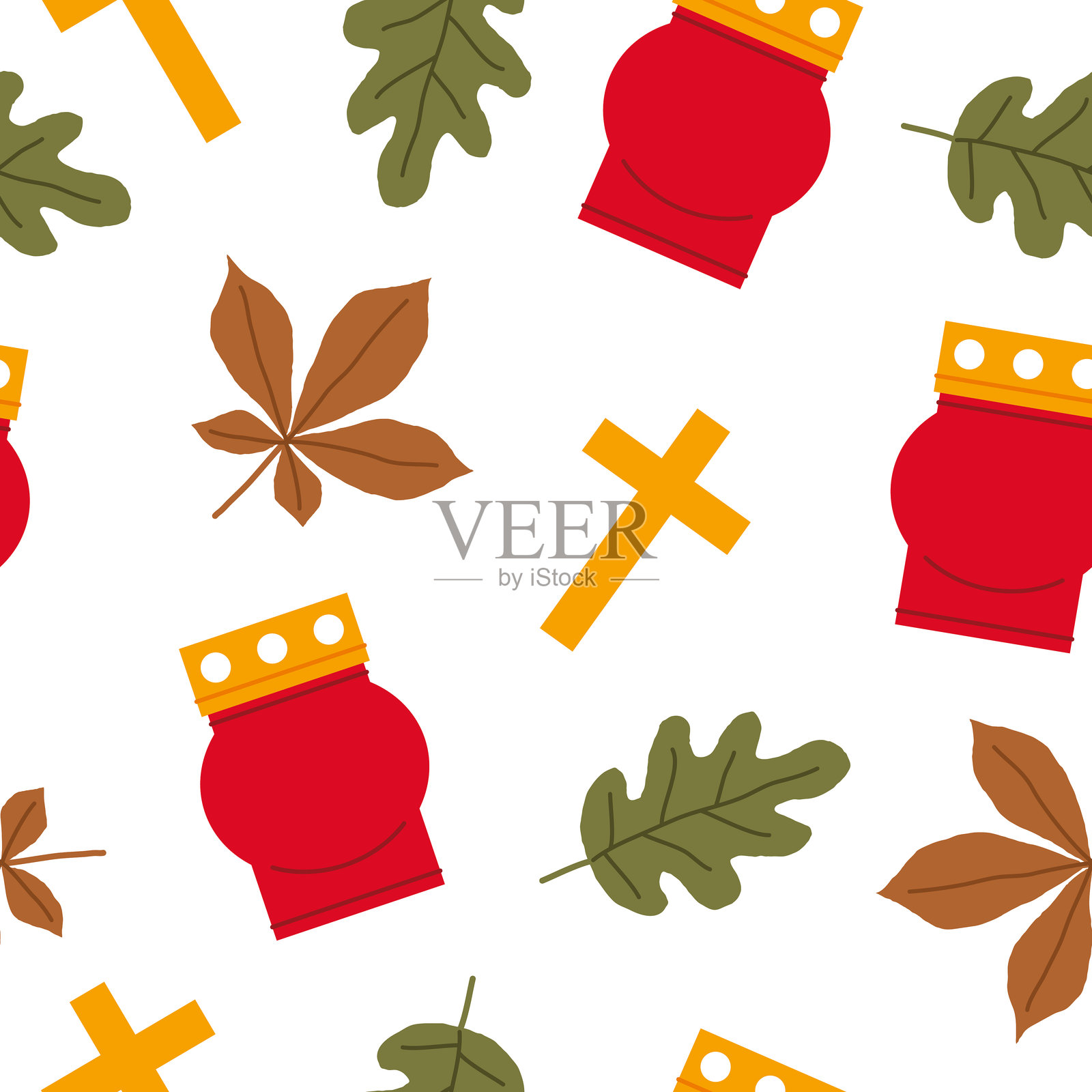 万圣节和万灵节的无缝图案，包含墓地纪念蜡烛灯笼、十字架和秋天的树叶；象征着怀念、悲伤和祈祷。插画图片素材