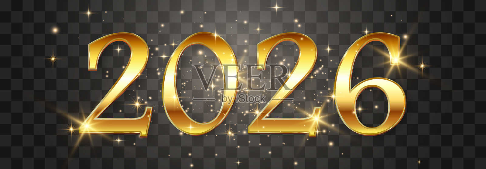 2026年，快乐的新年金色粒子设计。奢华的光芒闪烁。金色闪光粒子在透明背景上独立闪耀。插画图片素材