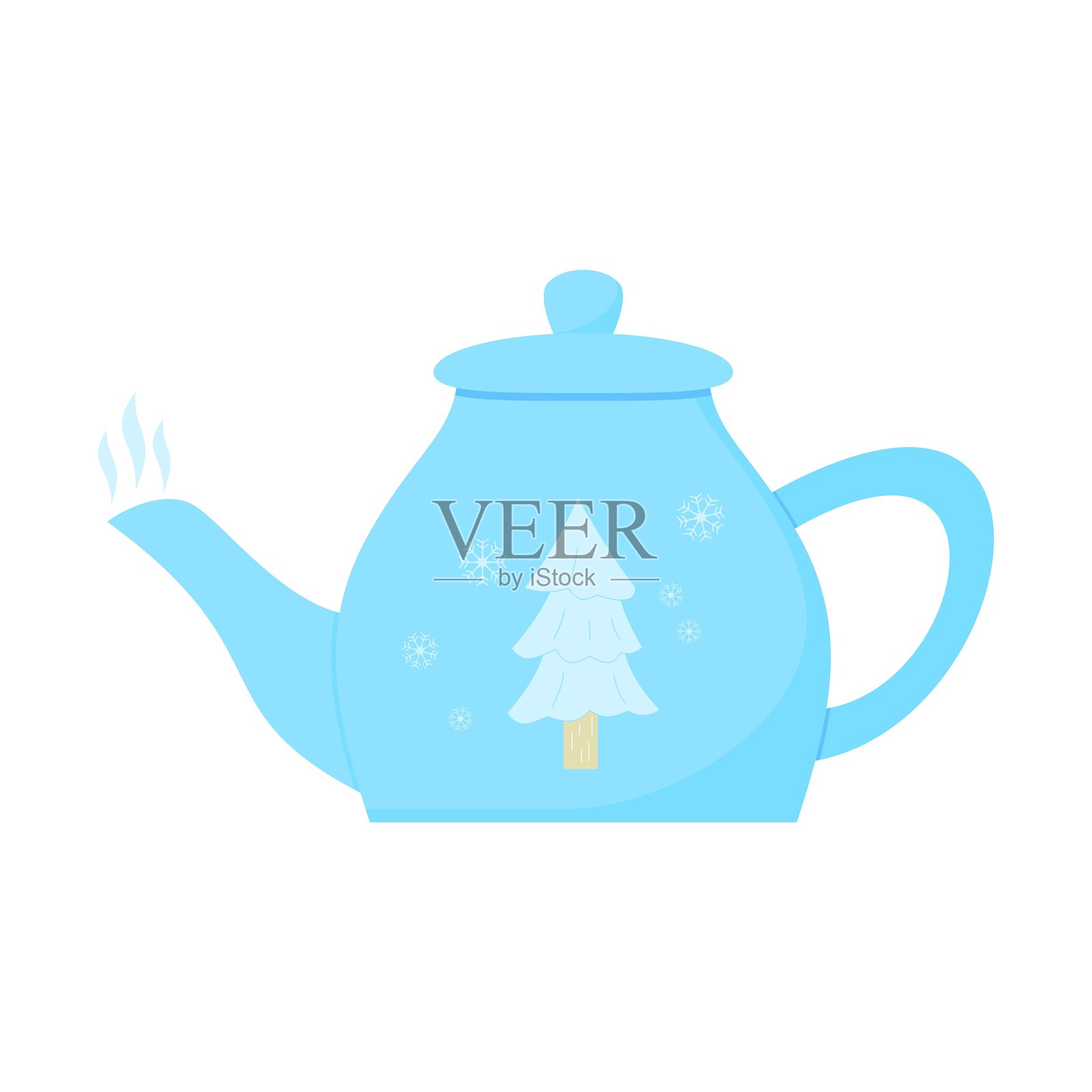 浅蓝色茶壶，旁边有冰冻的松树和雪花。冬季主题。温暖的饮品。矢量插图。插画图片素材