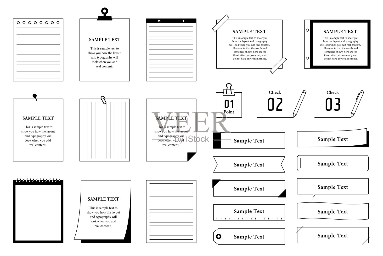 备忘录笔记本文具粘性便签笔插图矢量剪贴胶带框架套装插画图片素材