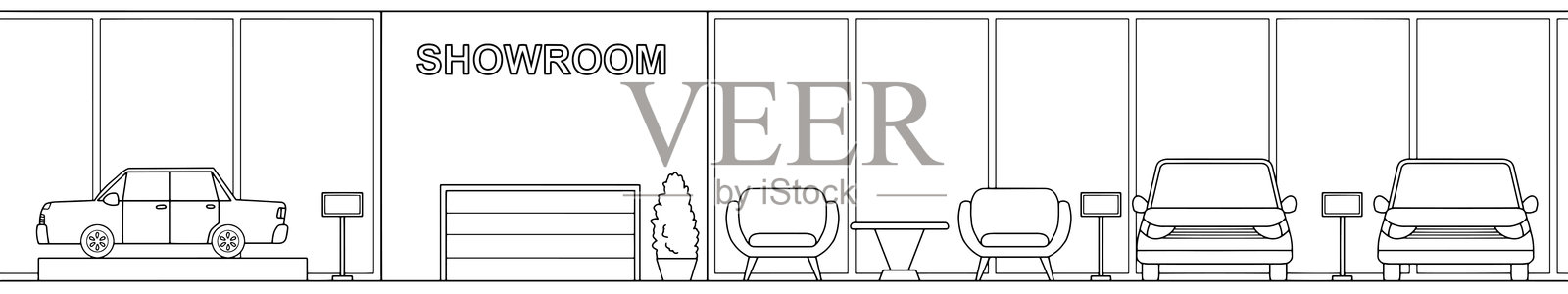 汽车展厅图形黑白商店内部长款素描插图矢量图插画图片素材