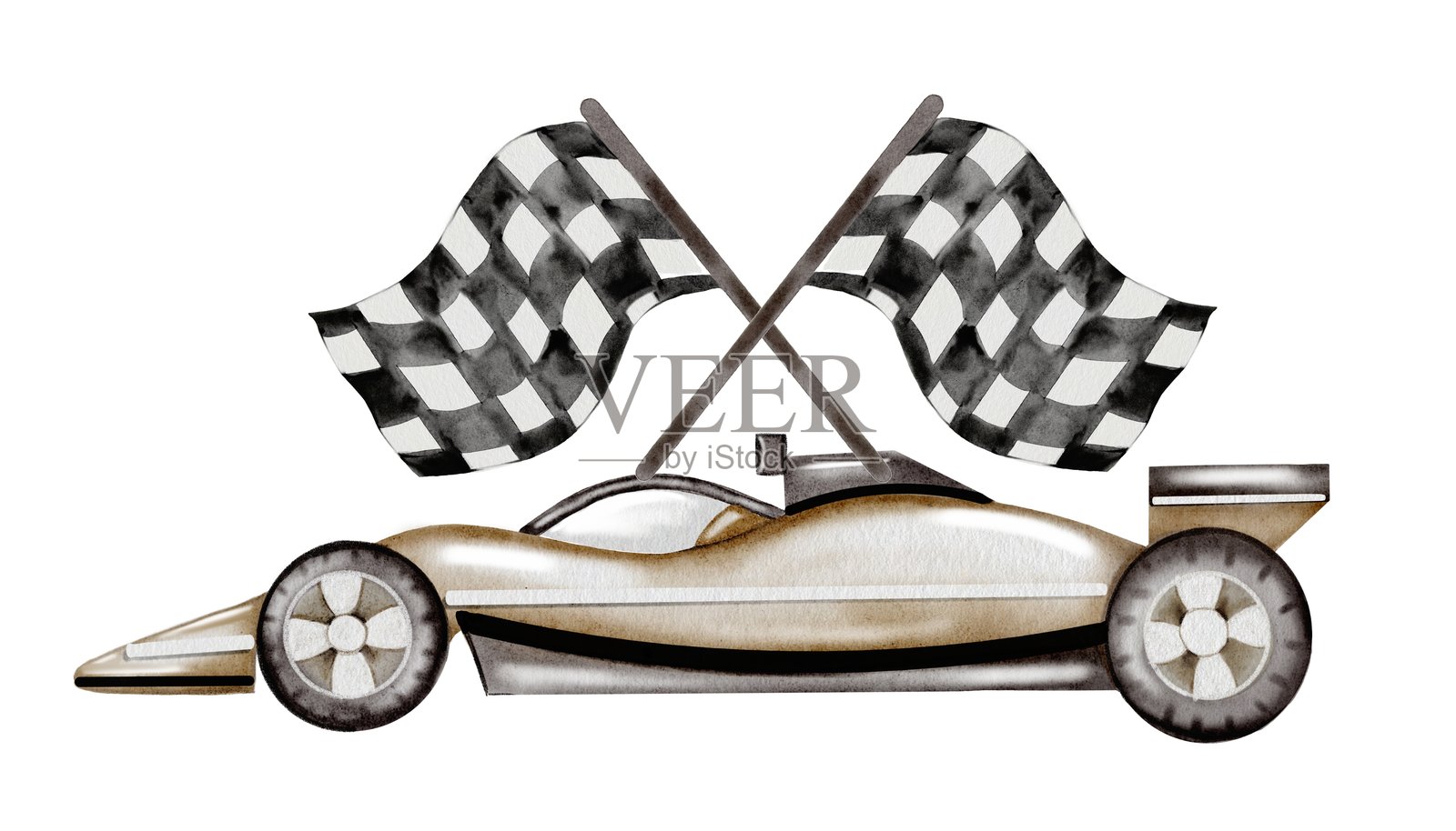 赛车水彩插图。淡色赛车与白色背景上的终点旗。非常适合儿童纺织品、贴纸和男孩的婴儿洗礼设计。插画图片素材