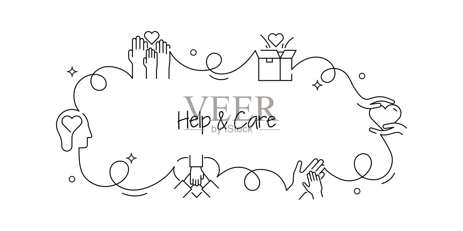 连续线条绘画帮助与关怀横幅设计。支持、志愿者、捐赠、援助。插画图片素材