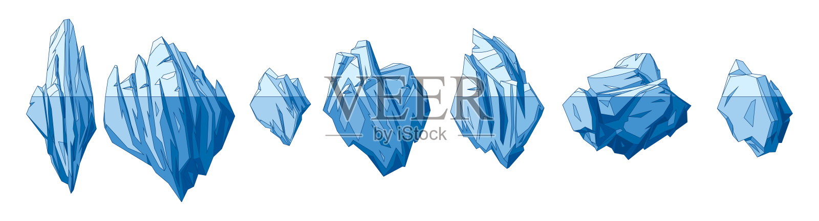 漂浮的冰山集合。冰冻的海水块。覆盖着雪的冰山。融化的冰峰。南极和北极。南极的雪景。插画图片素材